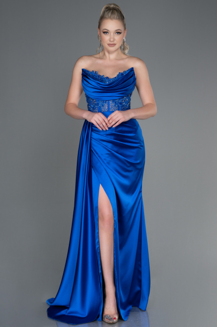 Saks Mavi Straplez Drapeli Uzun Saten Abiye ABU6265