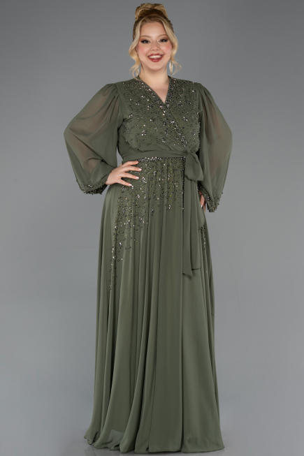 Haki Uzun Kol Taş İşlemeli Şifon Büyük Beden Abiye ABU3075