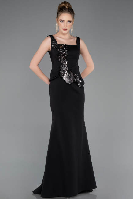 Siyah Kolsuz Kare Yaka Peplum Uzun Balık Abiye ABU5768
