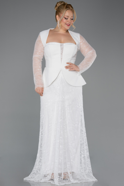 Ekru Dantel Kollu Peplum Kesim Uzun Büyük Beden Abiye ABU5881