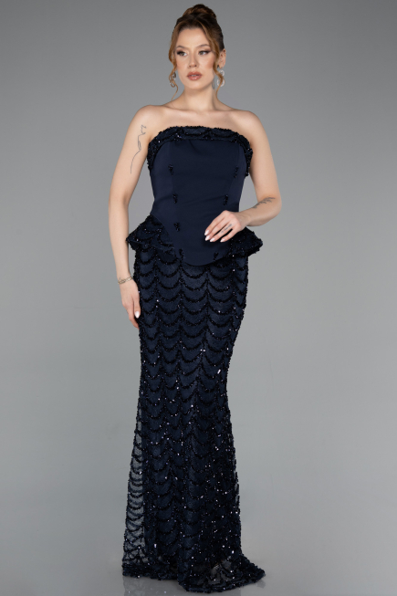 Lacivert Straplez Peplum Uzun Pullu Abiye Elbise ABU5919