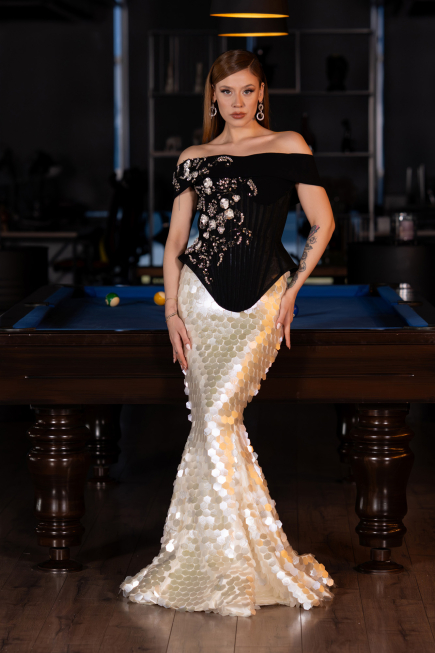 Siyah-Beyaz Peplum Detay Balık Pullu Özel Tasarım Abiye ABU5952