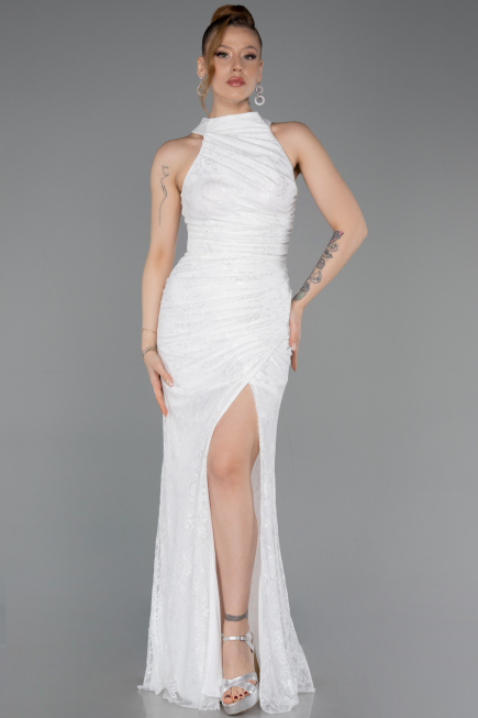 Ekru Halter Yaka Eldivenli Uzun Dantel Abiye ABU5598