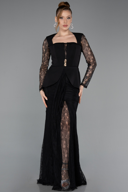 Siyah Dantelli Uzun Kol Peplum Kesim Abiye Elbise ABU6014