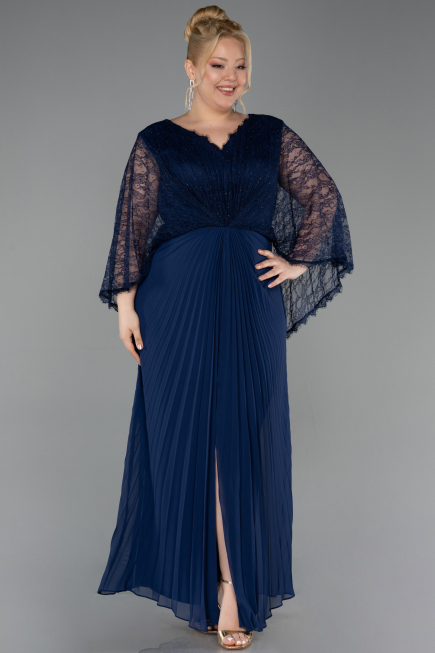 Lacivert V Yaka Dantel Pelerin Kollu Uzun Şifon Büyük Beden Abiye ABU6181