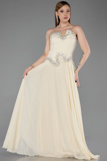 Sarı Taşlı Asimetrik Straplez Peplum Uzun Şifon Abiye ABU6188