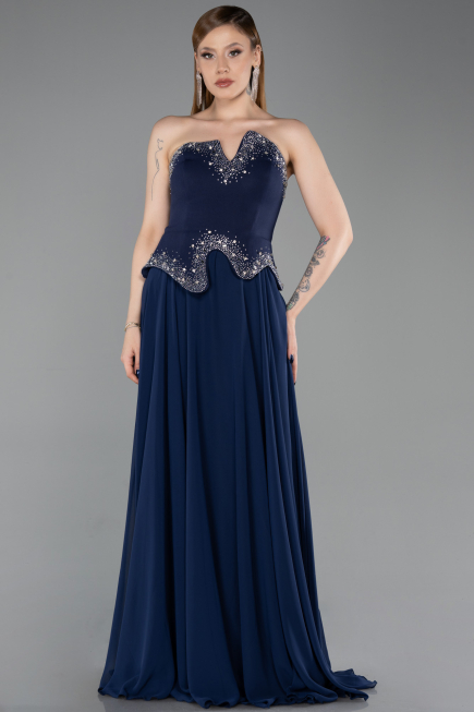Lacivert Taşlı Asimetrik Straplez Peplum Uzun Şifon Abiye ABU6188