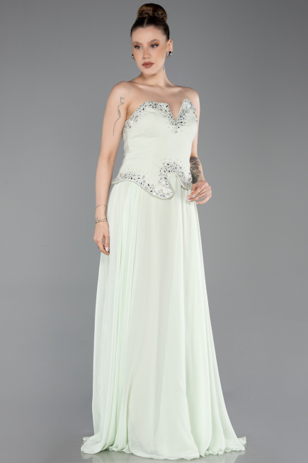 Mint Taşlı Asimetrik Straplez Peplum Uzun Şifon Abiye ABU6188