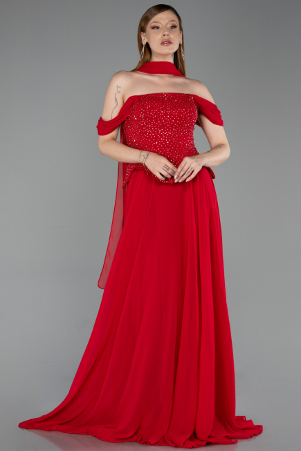 Kırmızı Kayık Yaka Taşlı Peplum Kesim Uzun Şifon Abiye ABU6221