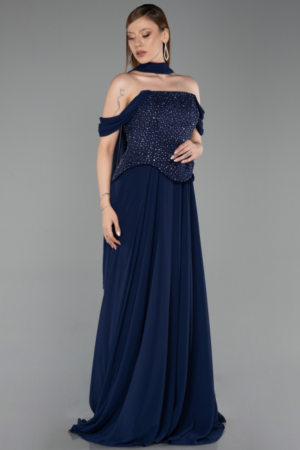 Lacivert Kayık Yaka Taşlı Peplum Kesim Uzun Şifon Abiye ABU6221